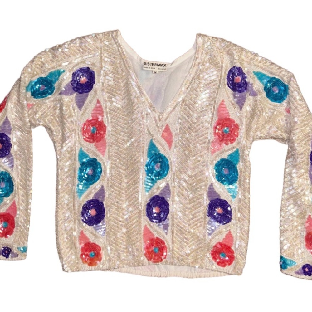 Sister Max ~ Vintage ~ Medium ~ Silk ~ Beaded/Sequins ~ White ~ Floral ~ Sweater